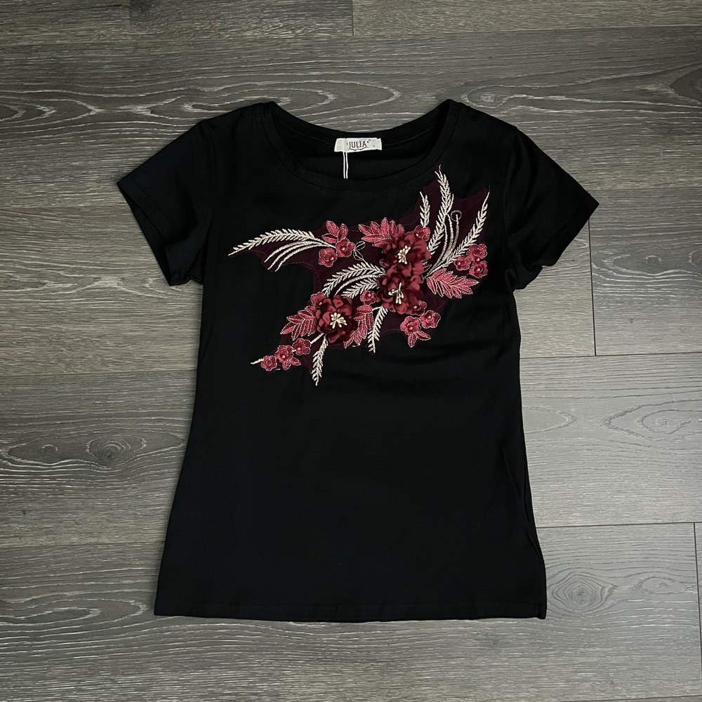 Julia Floral Embroidered Lace Shirt Top Boho NWT Burgundy Gold Cotton Size Small